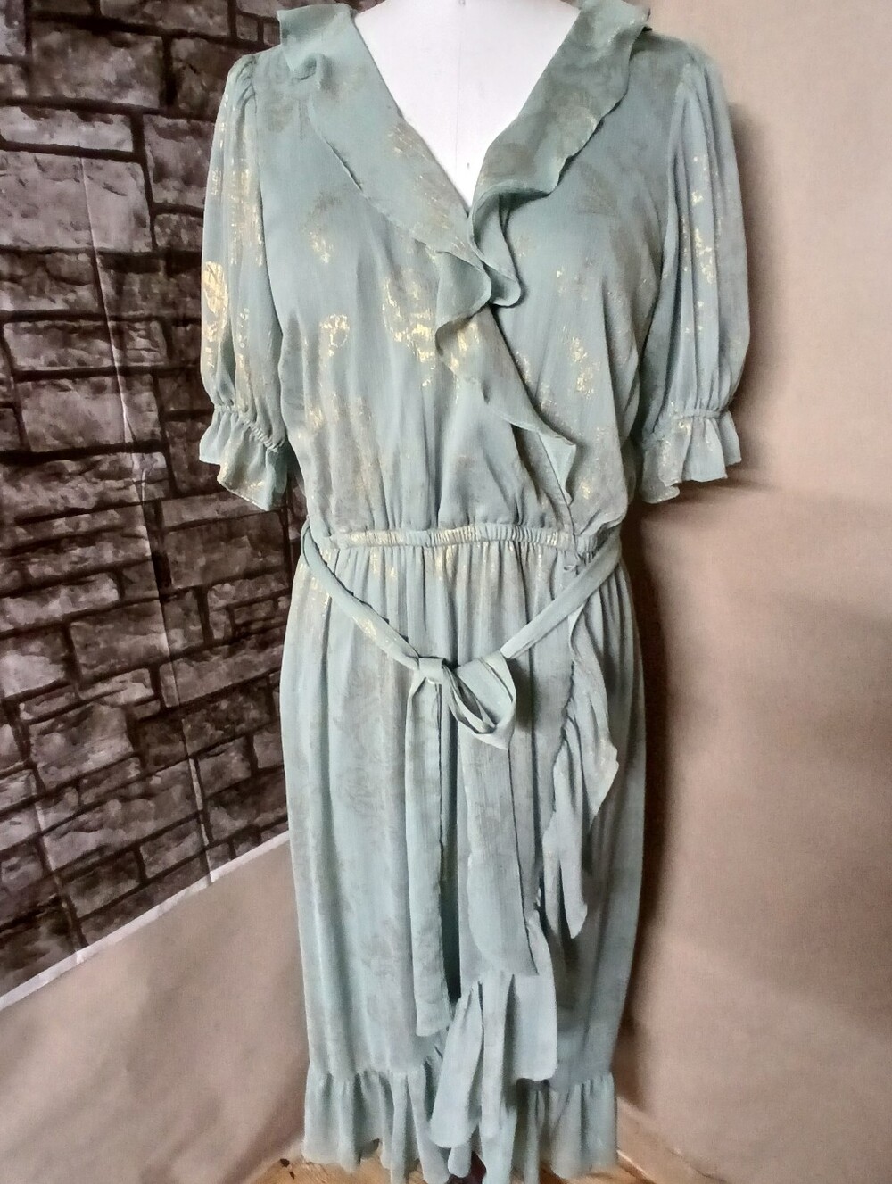 LC Lauren Conrad Sage Green Ruffle Wrap Midi Dress with Gold Accents - Picture 3 of 10